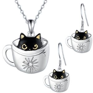 Cat In Cup Earrings and Necklace Set, Gift, peeking out cup Gift Cat Lover Catco